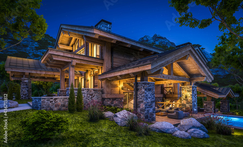 Fototapeta Naklejka Na Ścianę i Meble -  3d rendering of modern cozy chalet with pool and parking for sale or rent.  Massive timber beams columns. Beautiful forest mountains on background. Clear summer night with many stars on the sky.