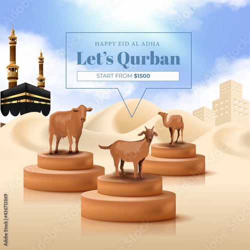 Animal Sacrifice Promotion for Islamic feast of eid al adha Mubarak with Goat, Cow and Camel Illustration