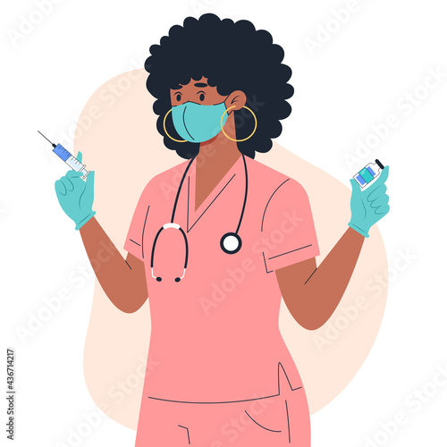 Vaccination and injection, female nurse in a medical mask and gloves with vaccine