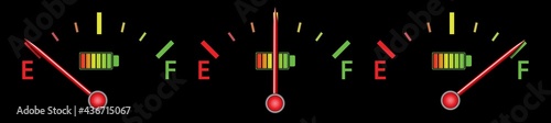 Electric car battery meter set with battery, indicating empty, half, full vector design. Charging level illustration on black background to use in eco car, electric vehicle battery charging projects.
