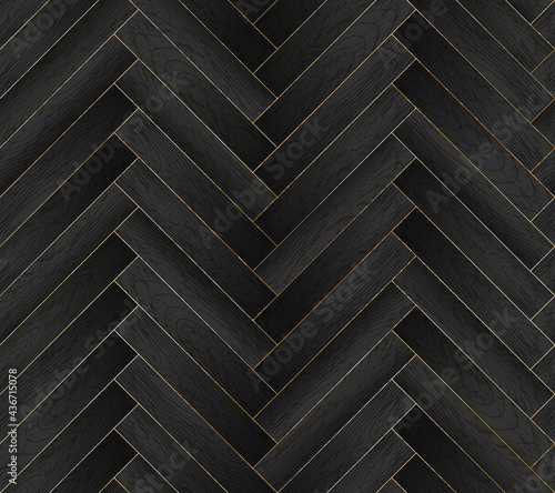 Vector seamless pattern with wooden zigzag planks and gold glitter stripes. Black wood herringbone parquet floor background