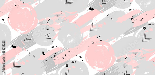 Blots seamless pattern. Pink hand drawn blots and black grey blob spatters for wedding card, mothers day, womans day.