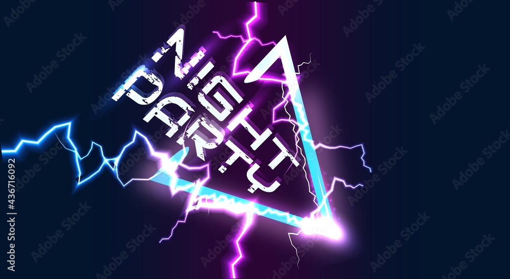 Electro night dance party poster template with a neon triangle on a blue background, with electricity discharges. Electro night dance party poster template with a neon triangle on a blue background, with electricity discharges.