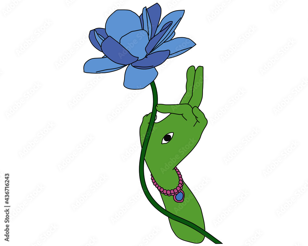 Blue Lotus Flower in Green Tara's hand with Bracelet Vector Graphic - obrazy, fototapety, plakaty 