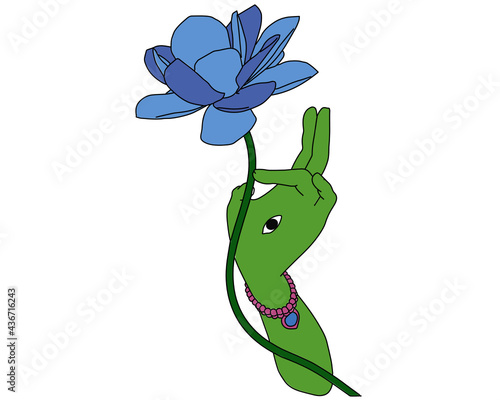Blue Lotus Flower in Green Tara's hand with Bracelet Vector Graphic