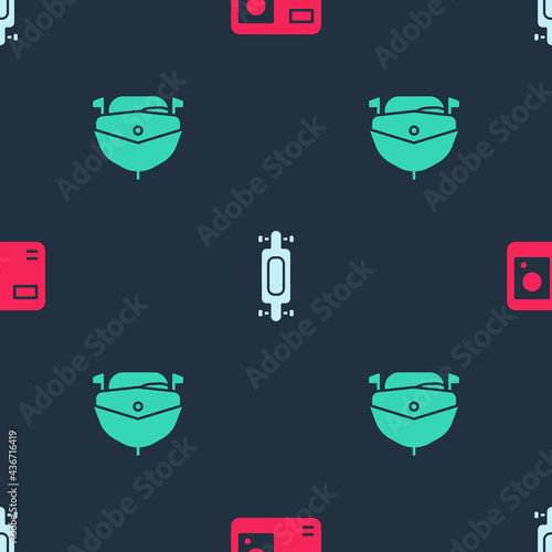 Set Action extreme camera, Longboard or skateboard and Speedboat on seamless pattern. Vector