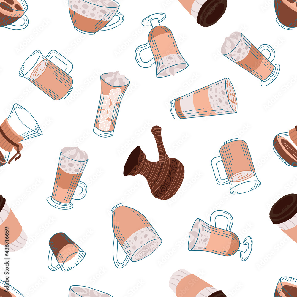Coffee kinds seamless pattern. Paper cup, turkish coffee, filter coffe,  espresso, latte, macchiato, americano, cappuccino, mocachino, raf coffee. Stock vector illustration.