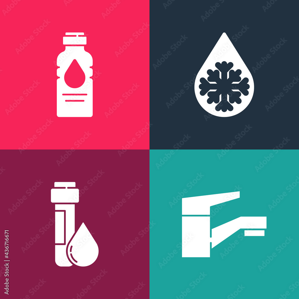 Set pop art Water tap, Test tube with water drop, Defrosting and Bottle of icon. Vector Set pop art Water tap, Test tube with water drop, Defrosting and Bottle of icon. Vector