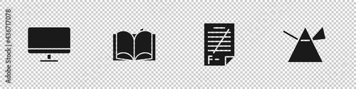 Set Computer monitor screen, Open book, Exam paper with incorrect answers and Light rays prism icon. Vector