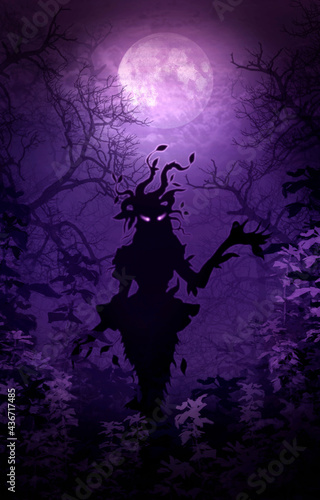 Enigmatic night landscape, magic nature with big moon in clouds, and branches tree and bushes, dark forest with  black mysterious silhouette of spirit with luminous eyes, tentacles and long hands. © Lara_Coolart