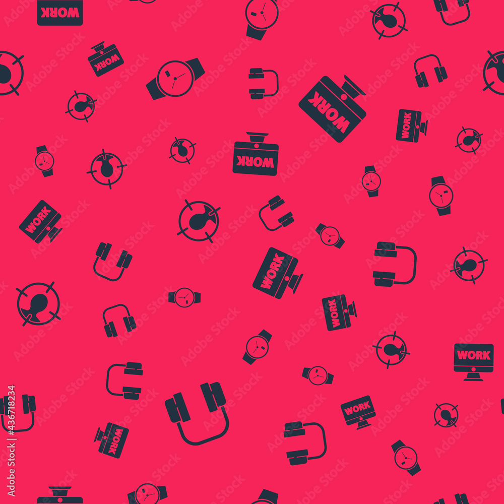 Set Headphones, Wrist watch, hunting concept and Monitor with text work on seamless pattern. Vector Set Headphones, Wrist watch, hunting concept and Monitor with text work on seamless pattern. Vector