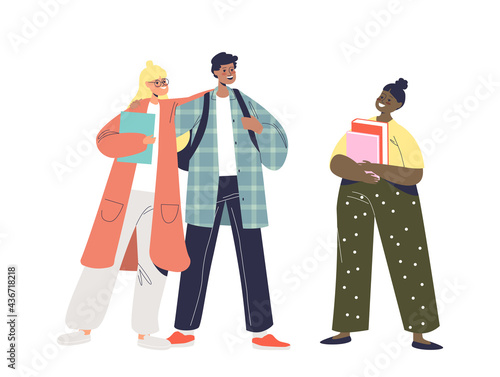 Classmates cheerful talking. Happy kids going back to school. Teenagers schoolchildren meeting