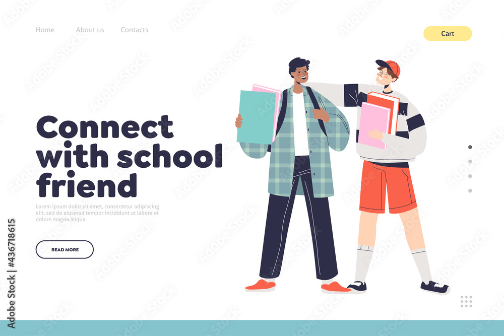 Connect with school friend concept of landing page with two teen boys stand together and talk