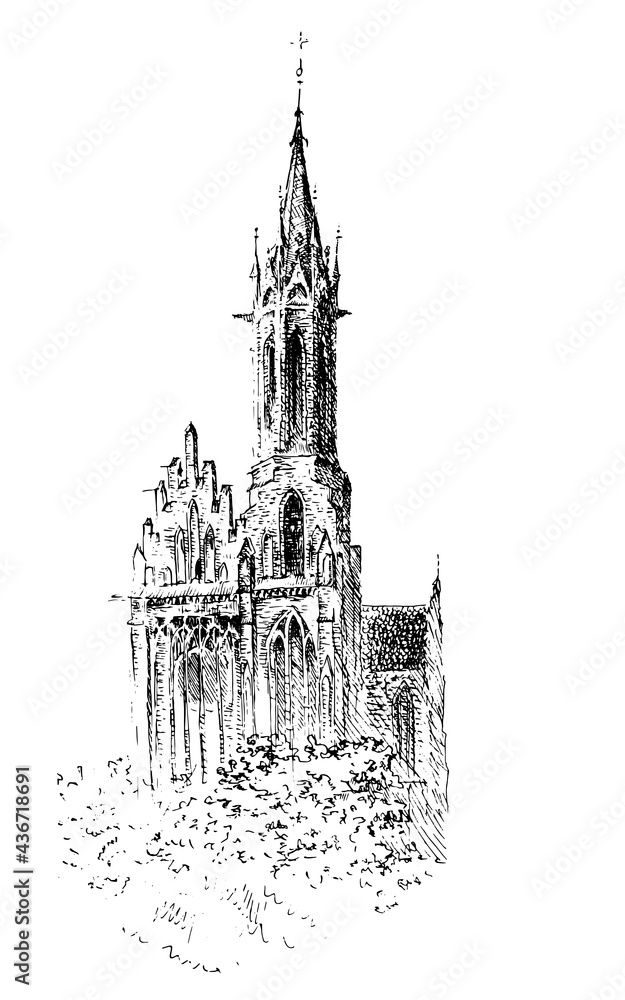Hand drawn ink and pen urban landscape. Sketch of ancient catholic ...