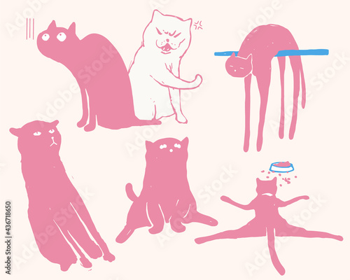 Set of funny cats characters design, quick paint doodle style in light pastel pink and blue color, hilarious and fun pets cartoon