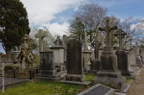 Old historic grave monuments with crosses in Glasnevin, green cemetery with bare trees in , Dublin, Ireland.