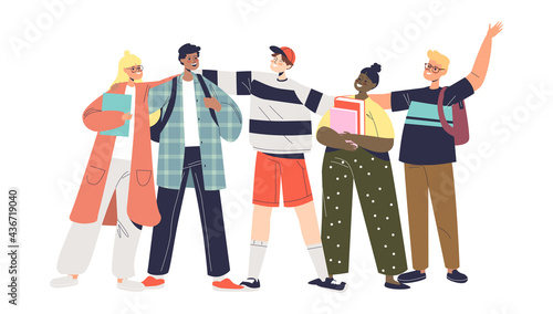 Group of happy kids, school friends together. Diverse teen students pupils with books and backpacks