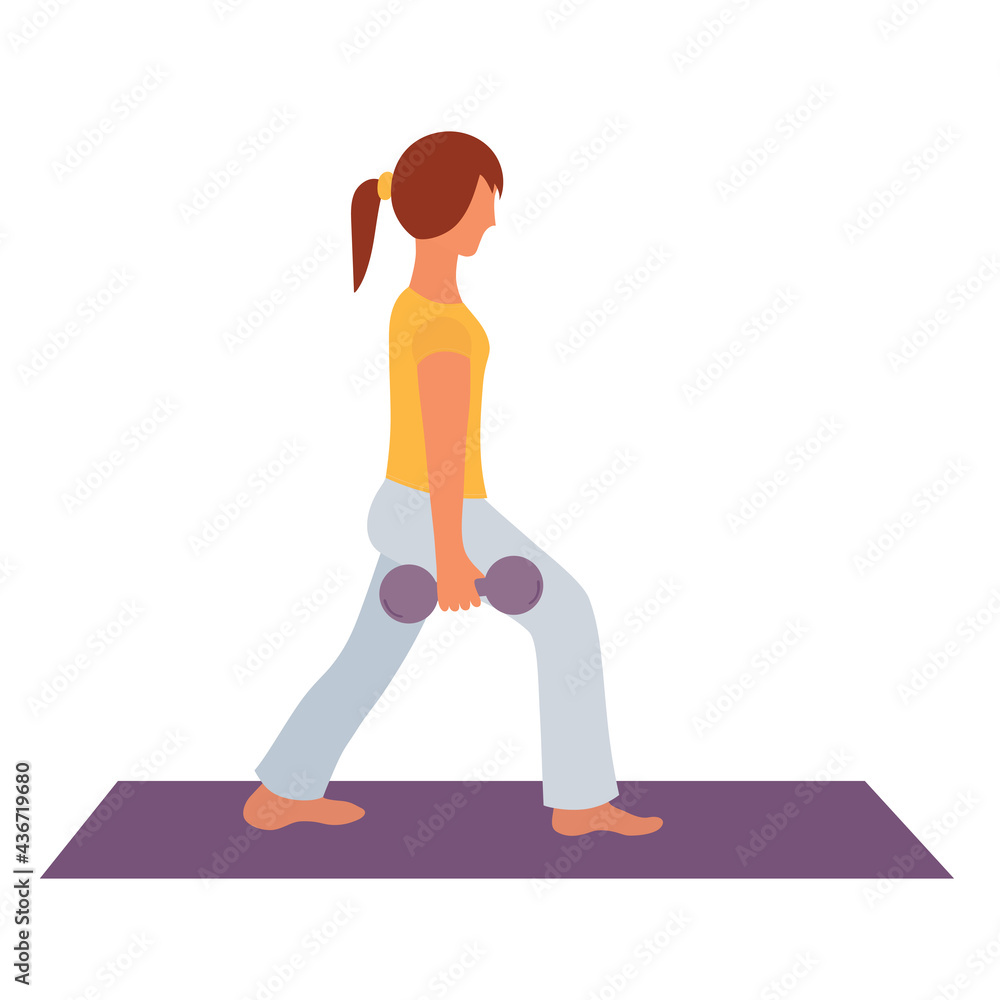 Woman with dumbbells on the mat. Female athlete in sportswear working out.  Sportswoman, training. Flat cartoon style illustration. 