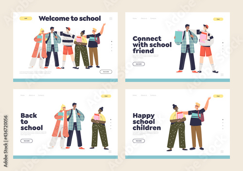 Set of landing pages with happy school children, teenager kids pupils or students cheerful