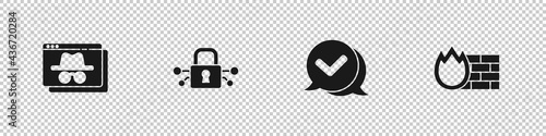Set Browser incognito window, Cyber security, Check mark speech bubble and Firewall, wall icon. Vector