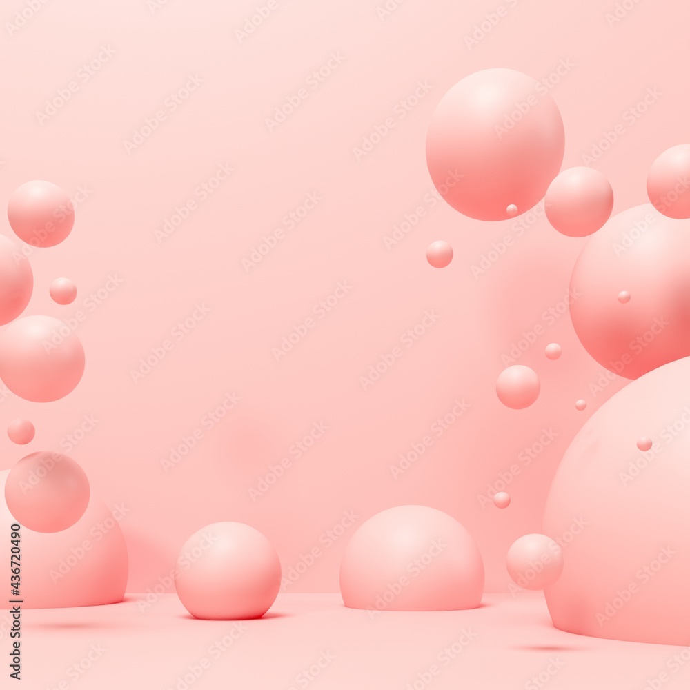 Marshmallows, candy gum fly in zero gravity. 3d illustration. Poster for kids sport brand goods with empty space. Chaotic scatter confetti spheres. Makeup powder face cosmetics balls