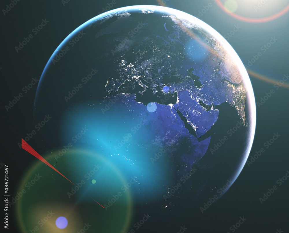 Rising sun over the earth illustration. View of the planet from space ...