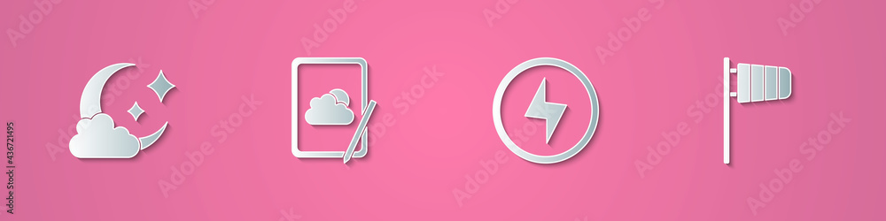 Set paper cut Cloud with moon, Weather forecast, Lightning bolt and Cone windsock wind vane icon. Paper art style. Vector Set paper cut Cloud with moon, Weather forecast, Lightning bolt and Cone windsock wind vane icon. Paper art style. Vector