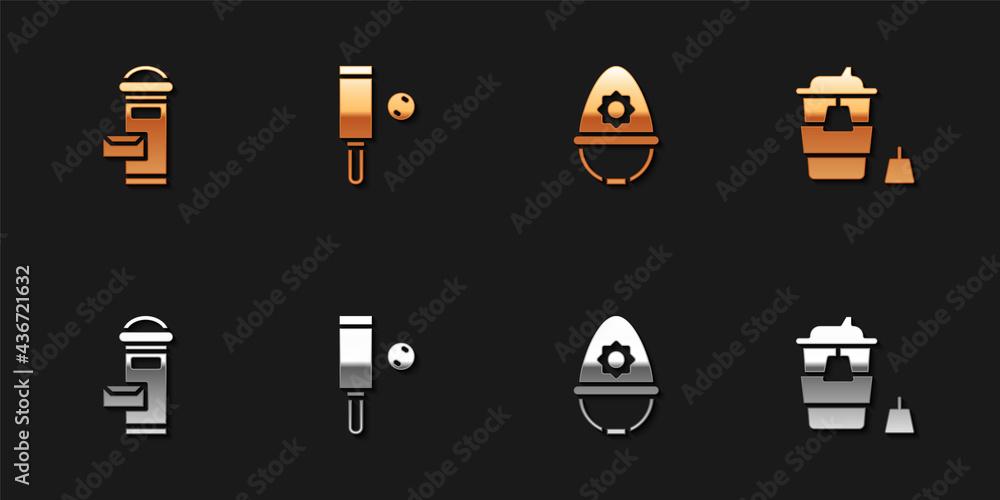 Set London mail box, Wood cricket bat and ball, British police helmet and Coffee cup to go icon. Vector Set London mail box, Wood cricket bat and ball, British police helmet and Coffee cup to go icon. Vector
