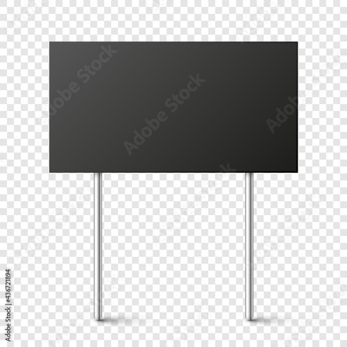 Black blank board with place for text, protest sign isolated on transparent background. Realistic demonstration or advertising banner. Strike action cardboard placard mockup. Vector illustration.