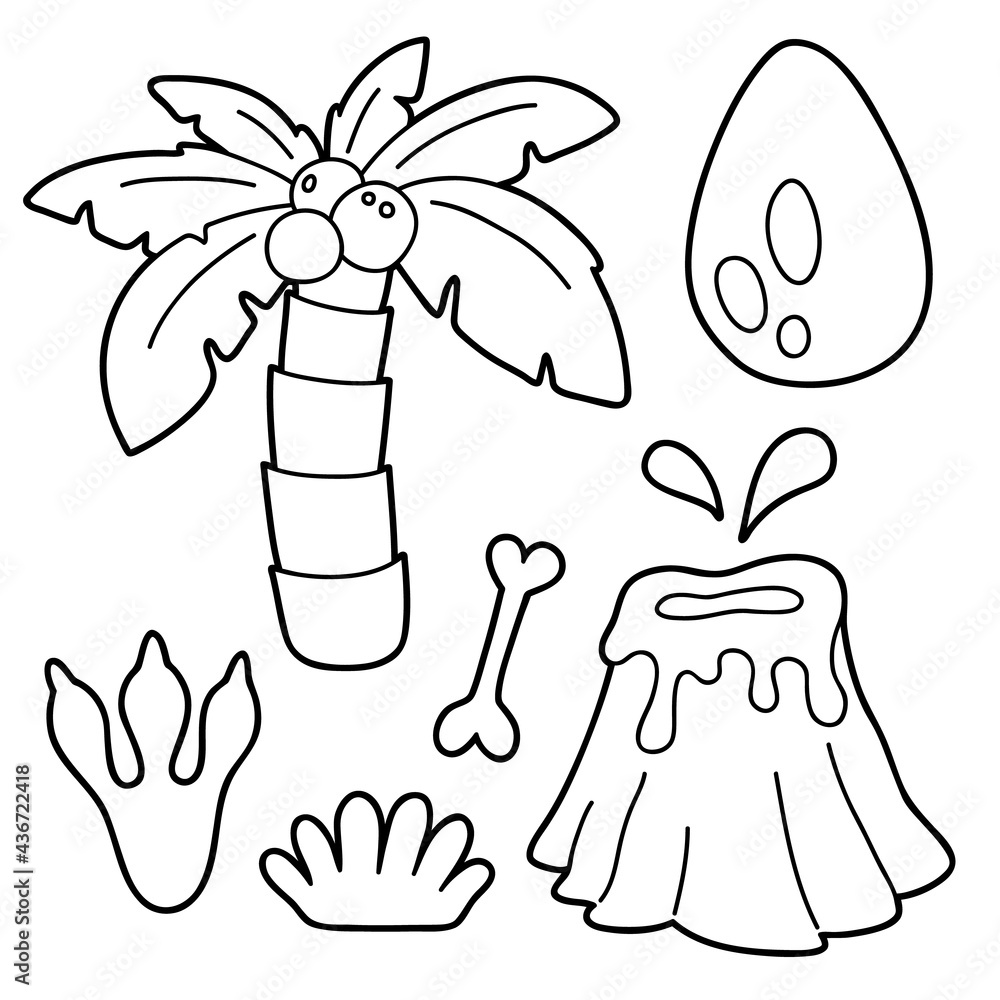 Vector illustration coloring page with cartoon prehistoric set for