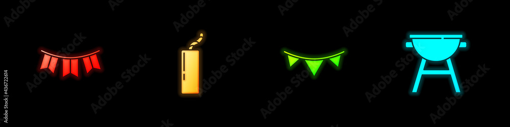 Set Carnival garland with flags, Dynamite bomb, and Barbecue grill icon. Vector Set Carnival garland with flags, Dynamite bomb, and Barbecue grill icon. Vector