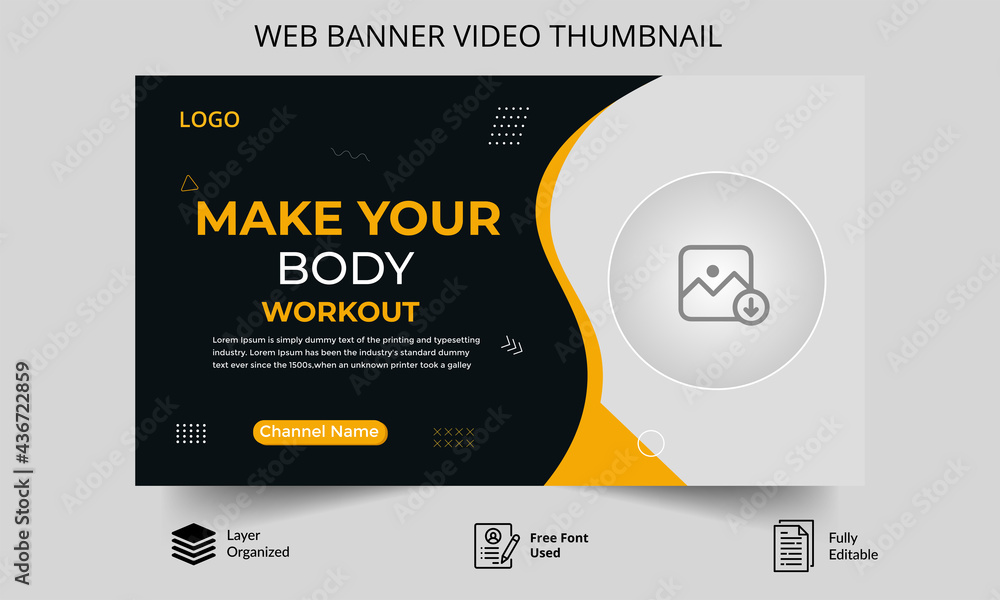 Fitness gym training thumbnail design for any videos. Fitness gym  customizable video thumbnail and web banner .Editable Video cover photo  template for Any social media.and Video Promoti Tutorials. Stock Vector