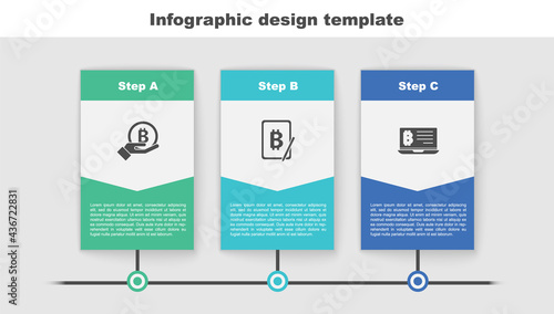 Set Hand holding Bitcoin, Mining bitcoin from tablet and laptop. Business infographic template. Vector