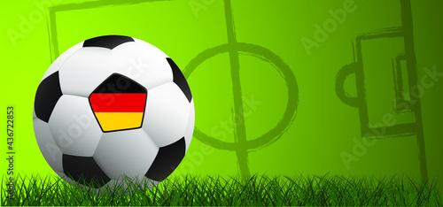 Football with the flag of Deutschland  Germany  on green soccer grass field. Vector background banner. Sport finale or school  sports game cup. Summer  spring time  Street ball games. 2021