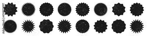 Black shopping labels with grunge texture. Vintage sale or discount sticker. Special offer price tag. Supermarket promotional badge. Vector sunburst icon.