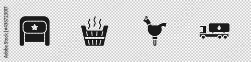 Set Ushanka, Sauna bucket, Cockerel lollipop and Tanker truck icon. Vector