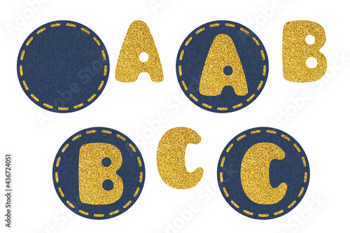 Bold glitter Latin alphabet on denim circles. Clip art set on white background. Letters A, B, C