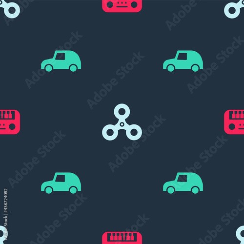 Set Toy piano, Fidget spinner and car on seamless pattern. Vector