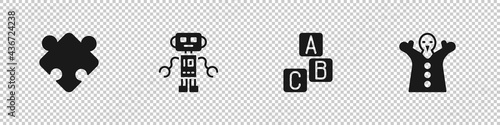 Set Puzzle pieces toy, Robot, ABC blocks and Toy puppet doll on hand icon. Vector