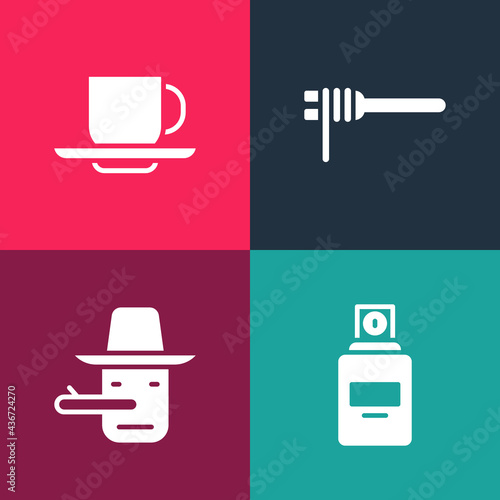 Set pop art Perfume, Pinocchio, Pasta spaghetti and Coffee cup icon. Vector
