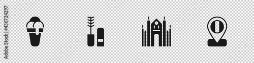 Set Ice cream, Mascara brush, Milan Cathedral and Location flag Italy icon. Vector