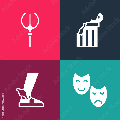 Set pop art Comedy and tragedy masks, Hermes sandal, Broken ancient column and Neptune Trident icon. Vector