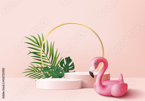 3d pink flamingo render for summer, background product display podium scene with green leaf geometric platform. background vector 3d render with podium. stand to show cosmetic product display studio