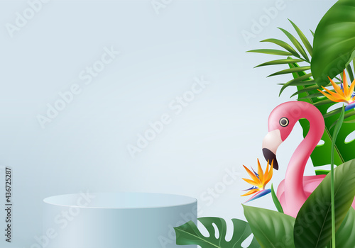3d blue flamingo render for summer, background product display podium scene with green leaf geometric platform. background vector 3d render with podium. stand to show cosmetic product display studio
