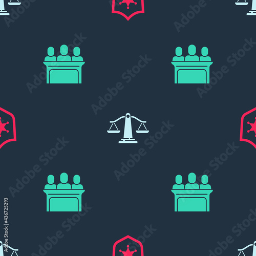 Set Police badge, Scales of justice and Jurors on seamless pattern. Vector