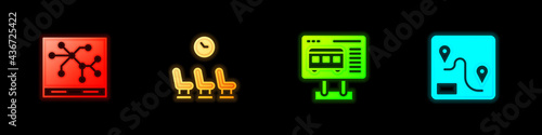 Set Railway map, Waiting room, Ticket office to buy tickets and Route location icon. Vector