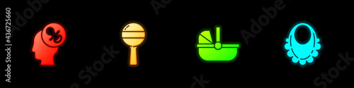 Set Baby dummy pacifier, Rattle baby toy, stroller and bib icon. Vector
