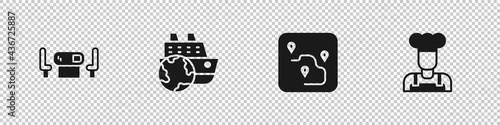 Set Poker table, Cruise ship, Route location and Cook icon. Vector