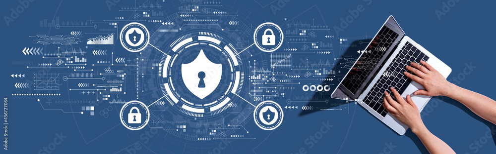 Cyber security theme with woman using a laptop Cyber security theme with woman using a laptop