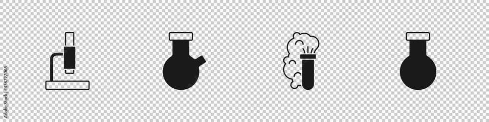 Fototapeta premium Set Microscope, Test tube and flask, Chemical explosion and icon. Vector